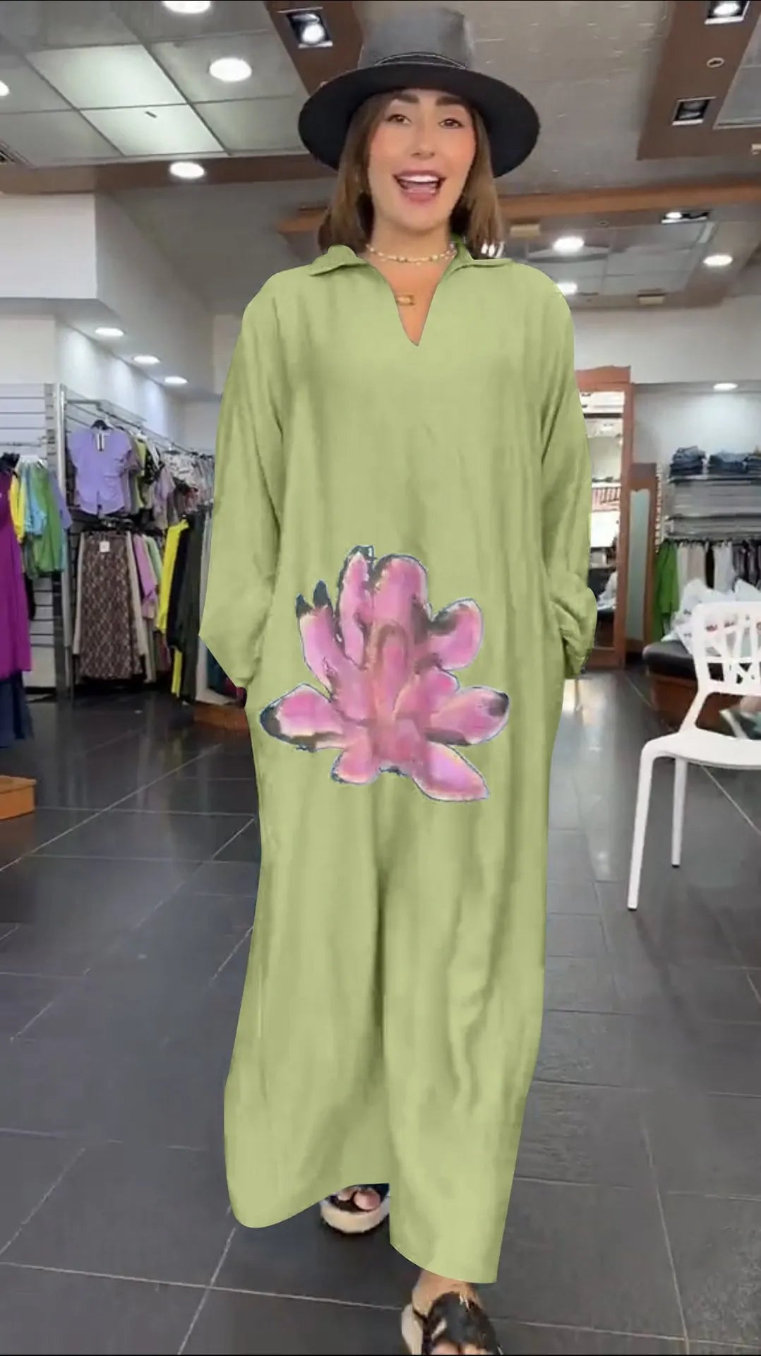 Loose Floral V-Neck Long-Sleeved Dress