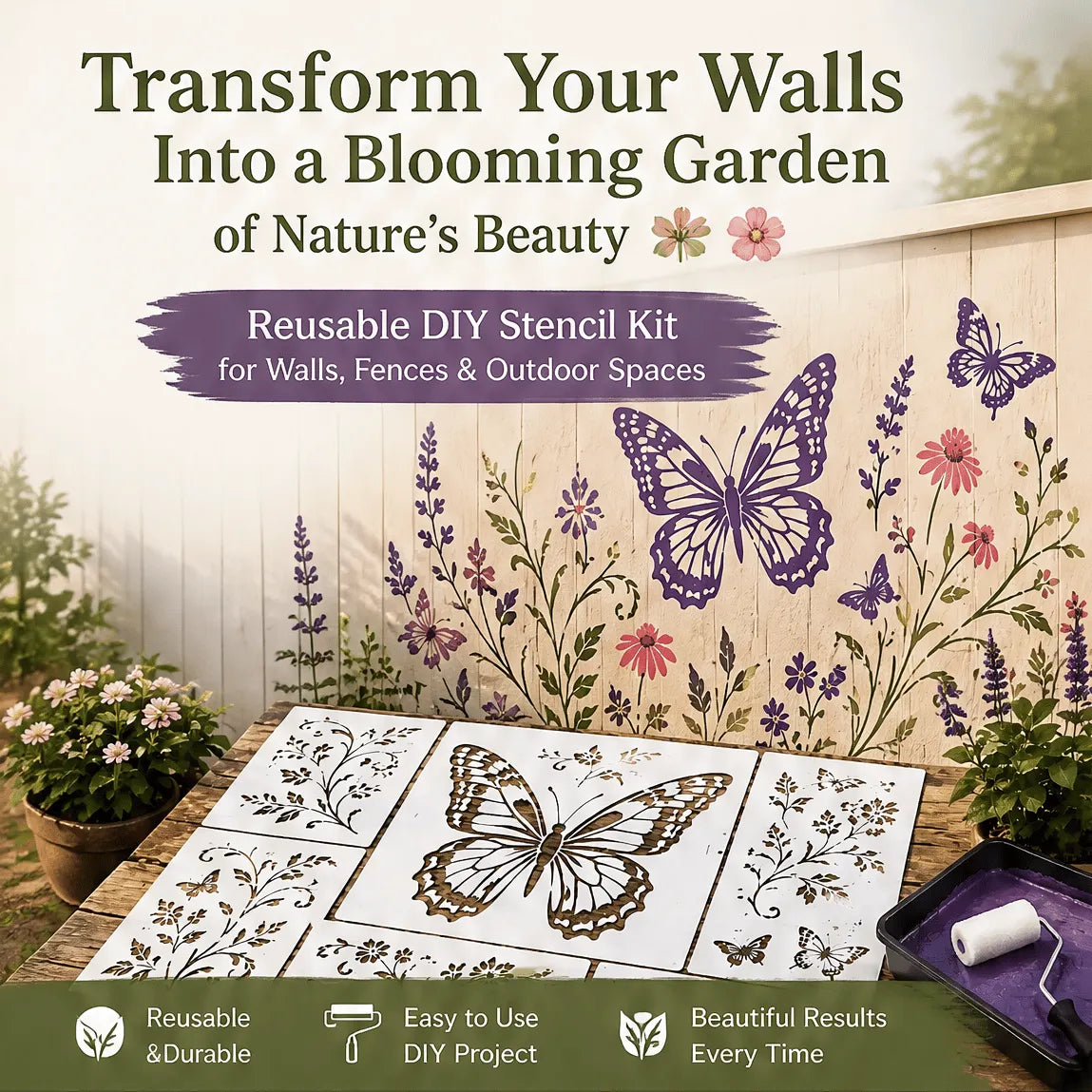 🎉🌿 Garden Wall Stencil, Reusable DIY Kit for Walls, Fences & Patios