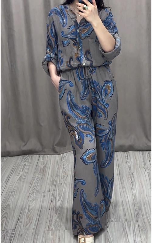 Casual V-neck Printed Shirt and Pants Suit (Buy 2 Sets Free Shipping)