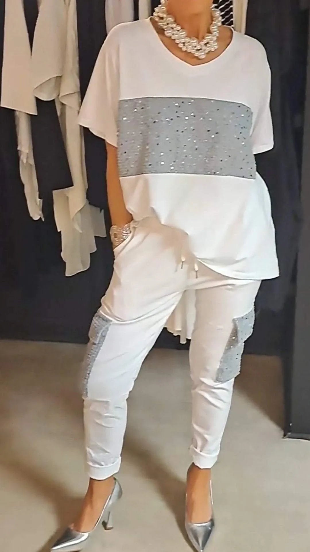 Sequin splicing short-sleeve T-shirt and pants casual sets 🔥(BUY 2 FREE SHIPPING)🔥