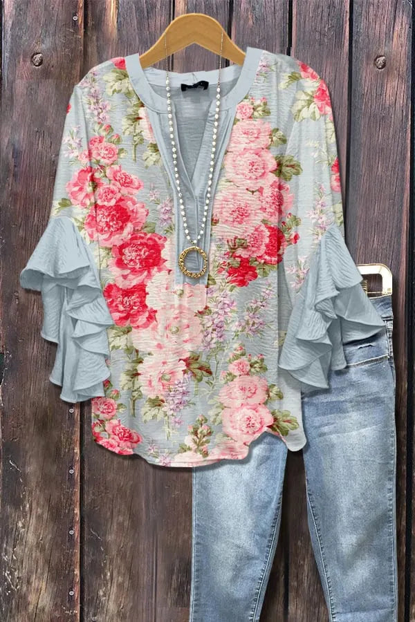 Floral Print Ruffle Bell Sleeve Top