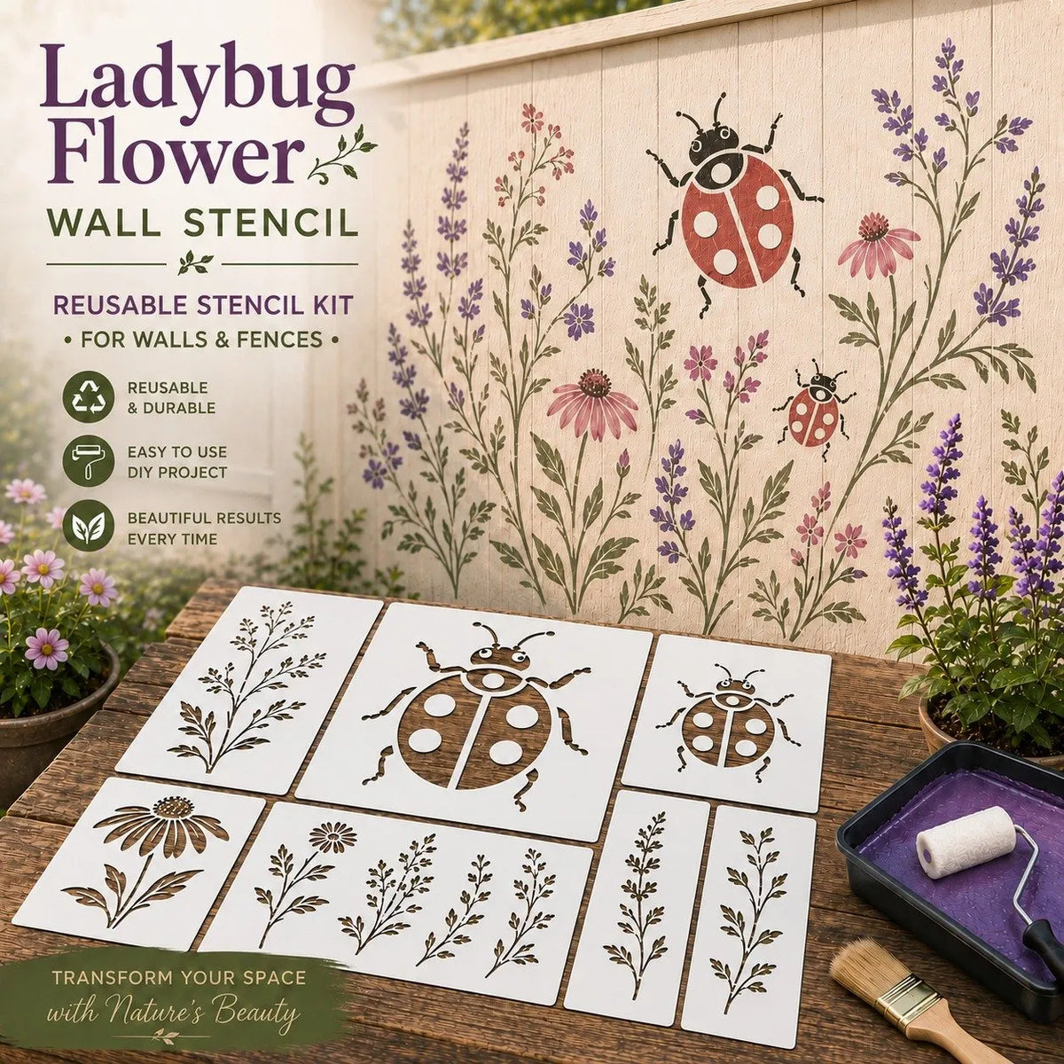 🔥HOT SALE🔥Last Day 50% OFF - 🌿Garden Bloom Wall Stencil Kit | DIY Garden Painting Templates for Every Space