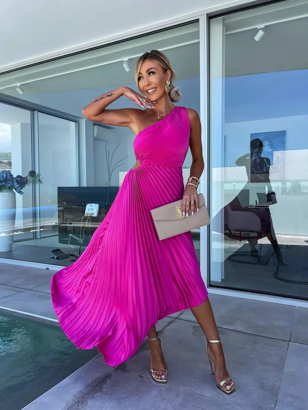 Stunning One - Shoulder Pleated Cut - Out Dress
