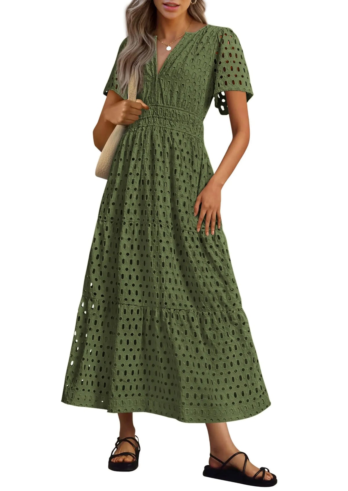 Womens Summer V Neck Maxi Dress Short Sleeve Hollow Out Flowy Beach Dress