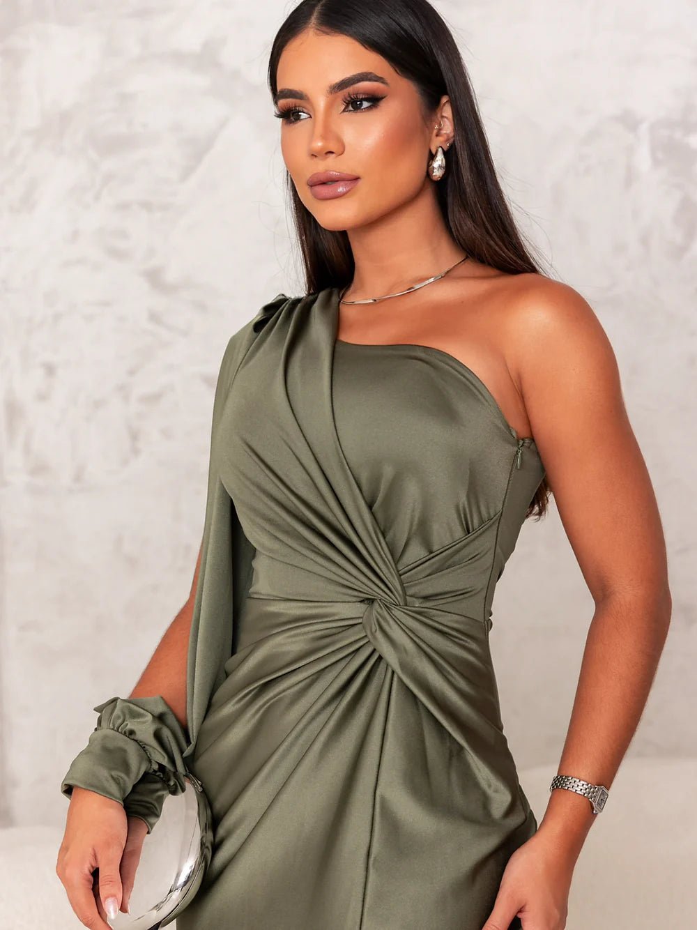 Slanted Collar Ruched Waist & Slit Sexy Long Dress