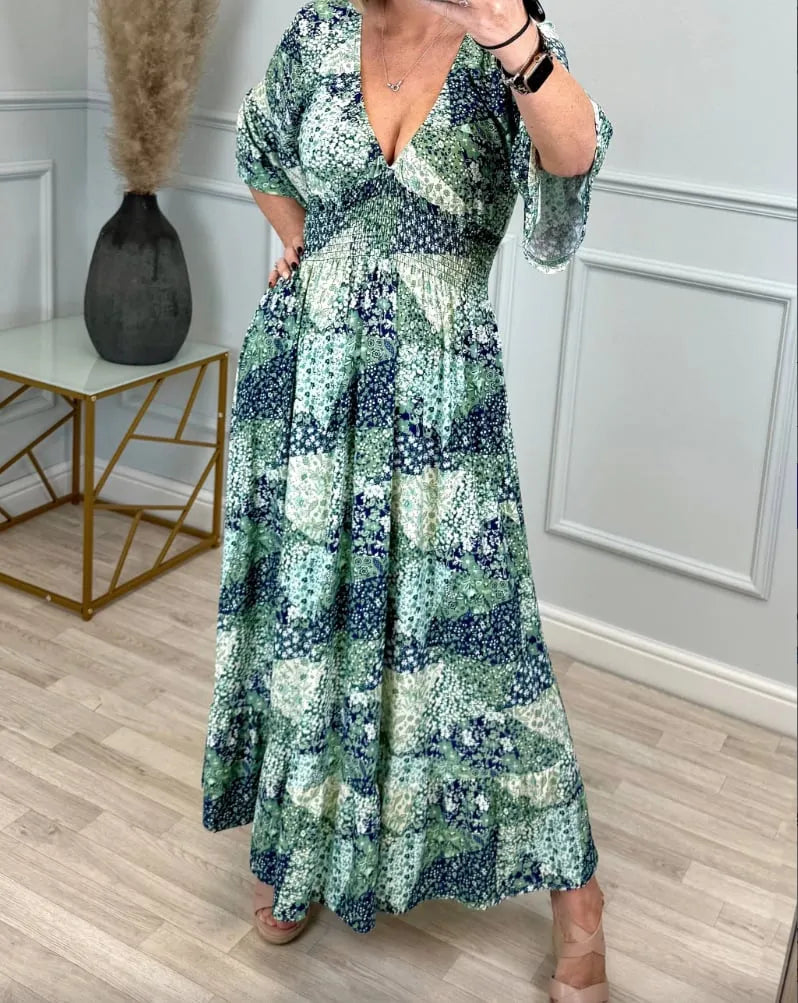 💥Buy 2 Free Shipping🔥V-neck Print Shirred Waist Dress