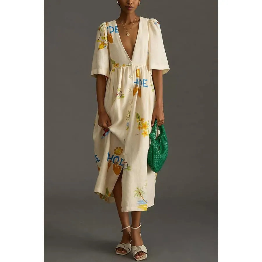 Printed Linen Midi Dress