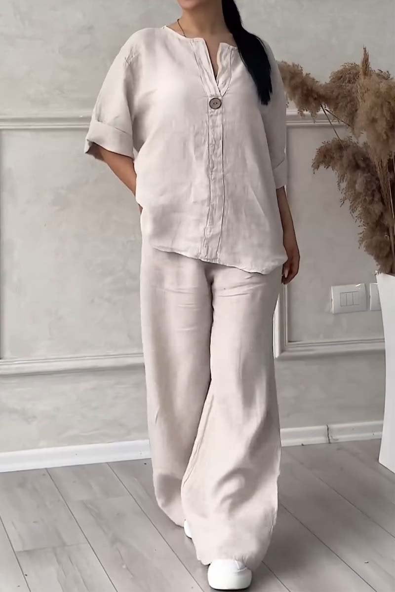 Casual button Decorated Cotton and Linen Two-Piece Set