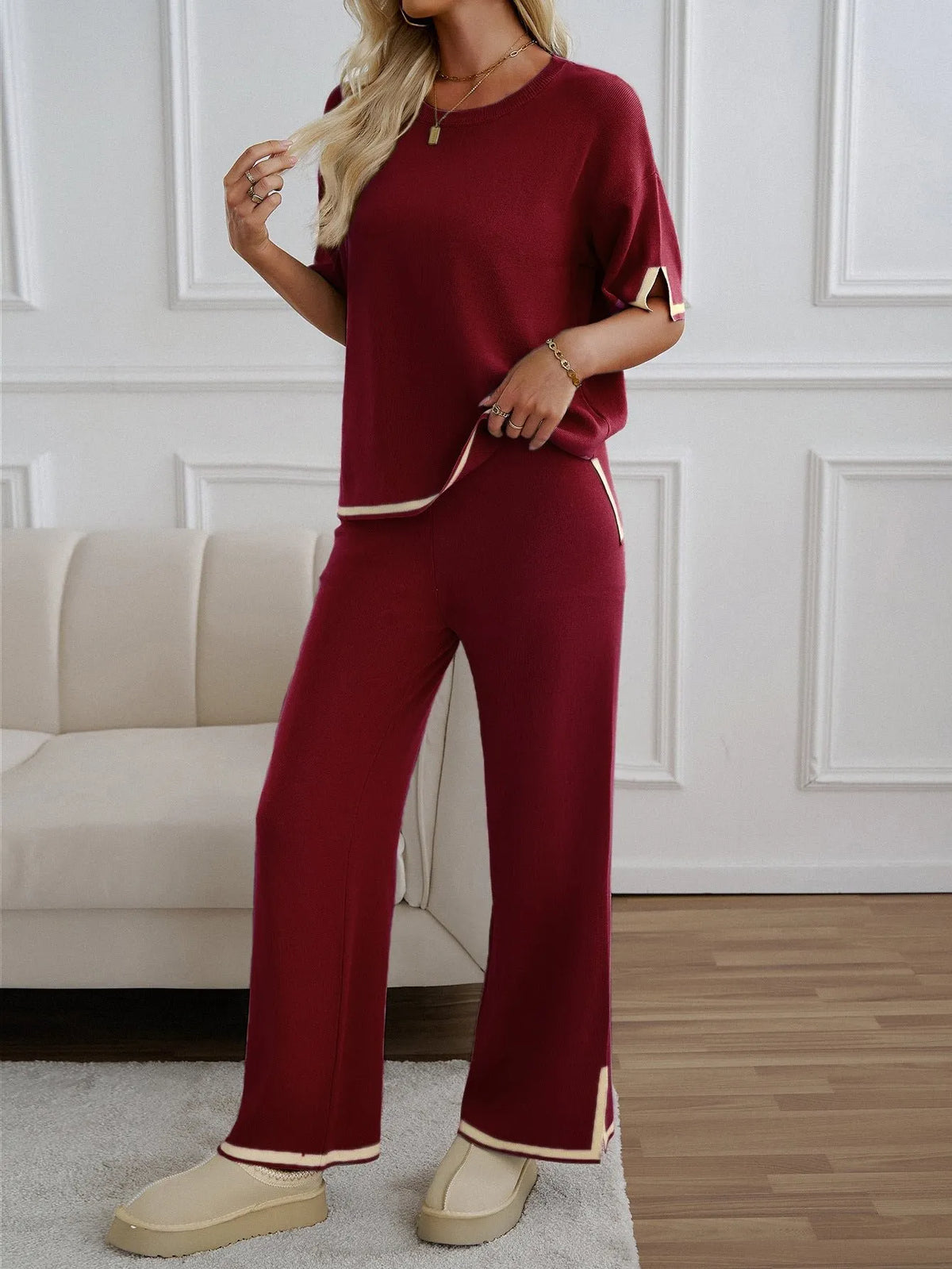 Chic Short Sleeve Knitted Pants Set