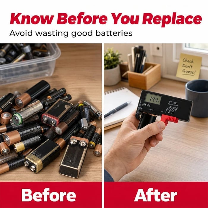 🔥 HOT SALE 🔥Digital Battery Checker – Large LCD display shows exact remaining power. Compact & portable – test before you toss!