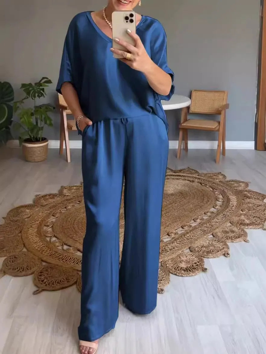 V-neck Satin Two-piece Suit-buy 2 free shipping