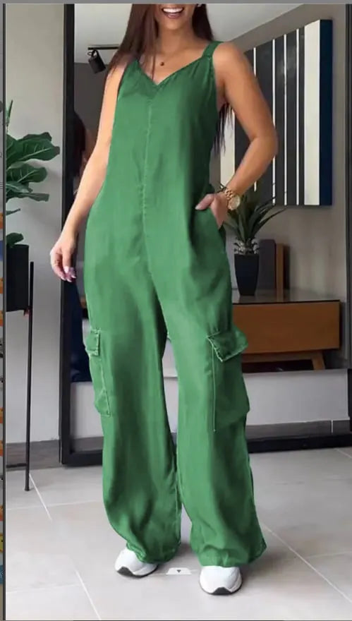 Thin Denim Cargo Pocket V-neck Jumpsuit (Buy 2 Free Shipping)