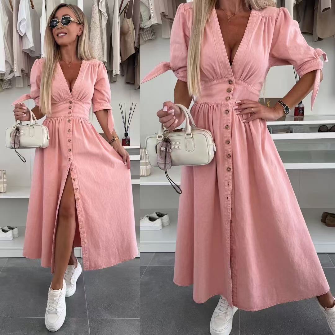 Women's V-Neck Button Down Denim Dress