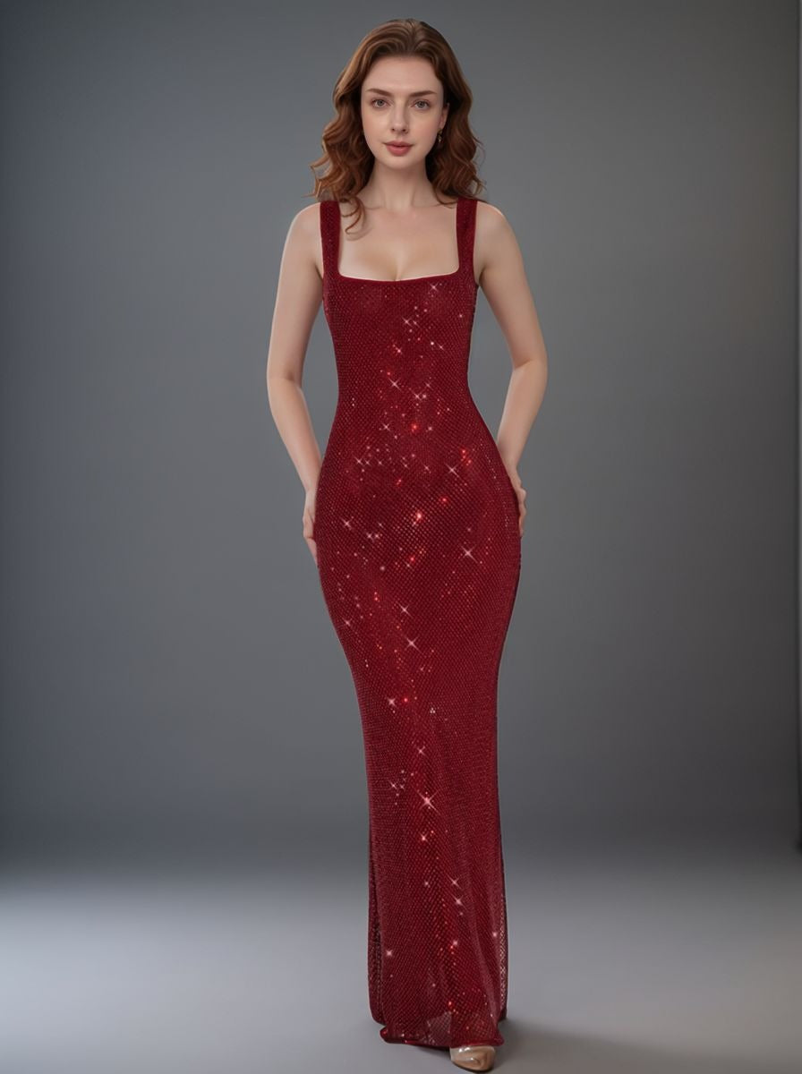 Sequined Square Neck Slim Fit Dress
