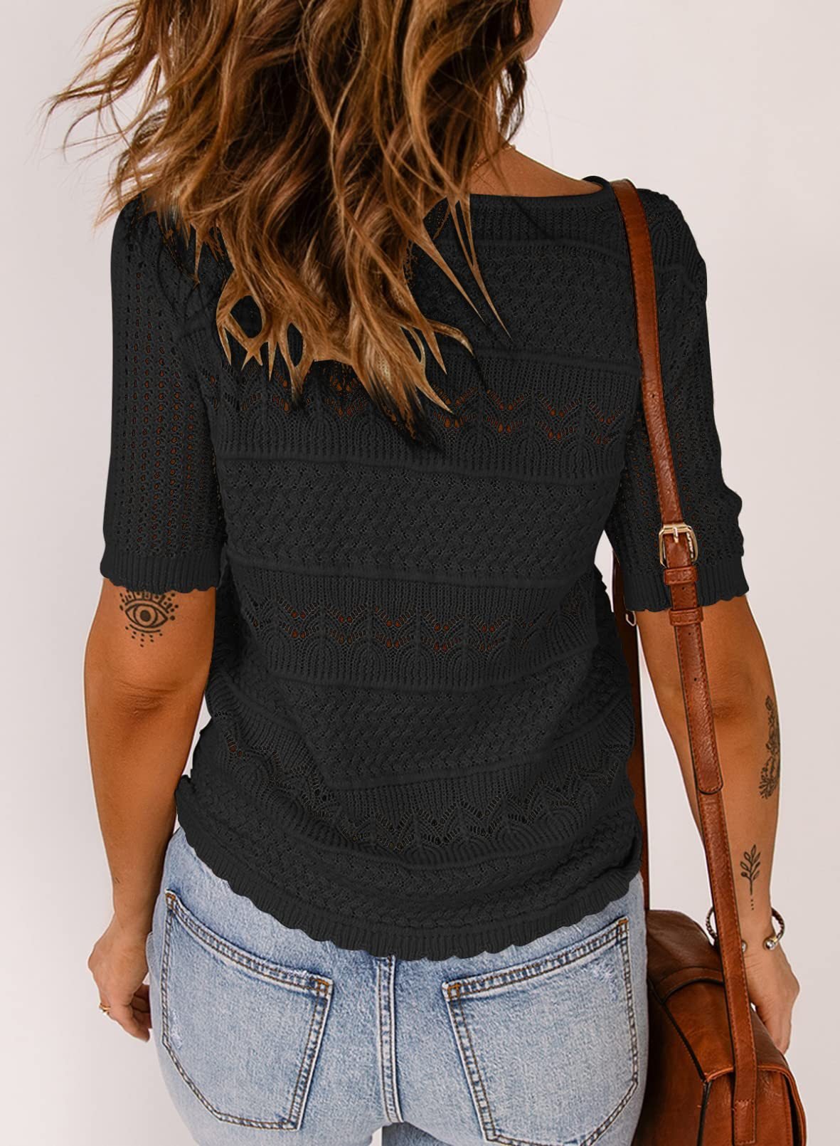 Round Neck Hollow Short Sleeve Knit Crochet Top