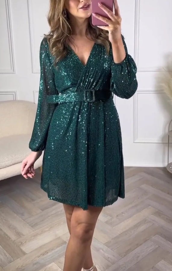 Women's V-neck Shiny Christmas Short Dress