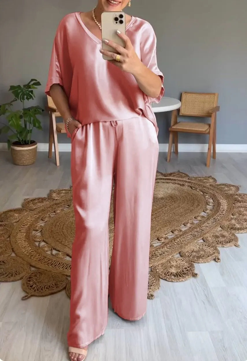 V-neck Satin Two-piece Suit-buy 2 free shipping