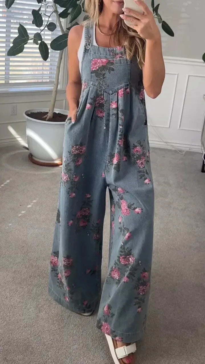Women's Printed Pocket Casual Denim Overalls