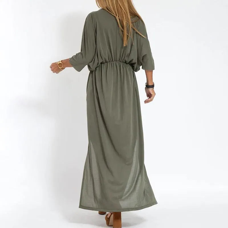 Elegant Solid Color High Waist V-Neck Maxi Dress