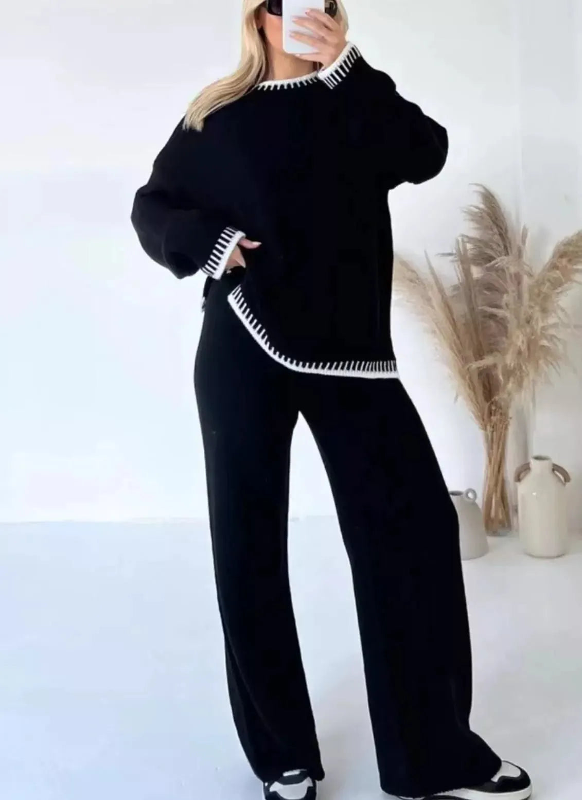 Round Neck Dropped Shoulder Top and Pants Sweater Set