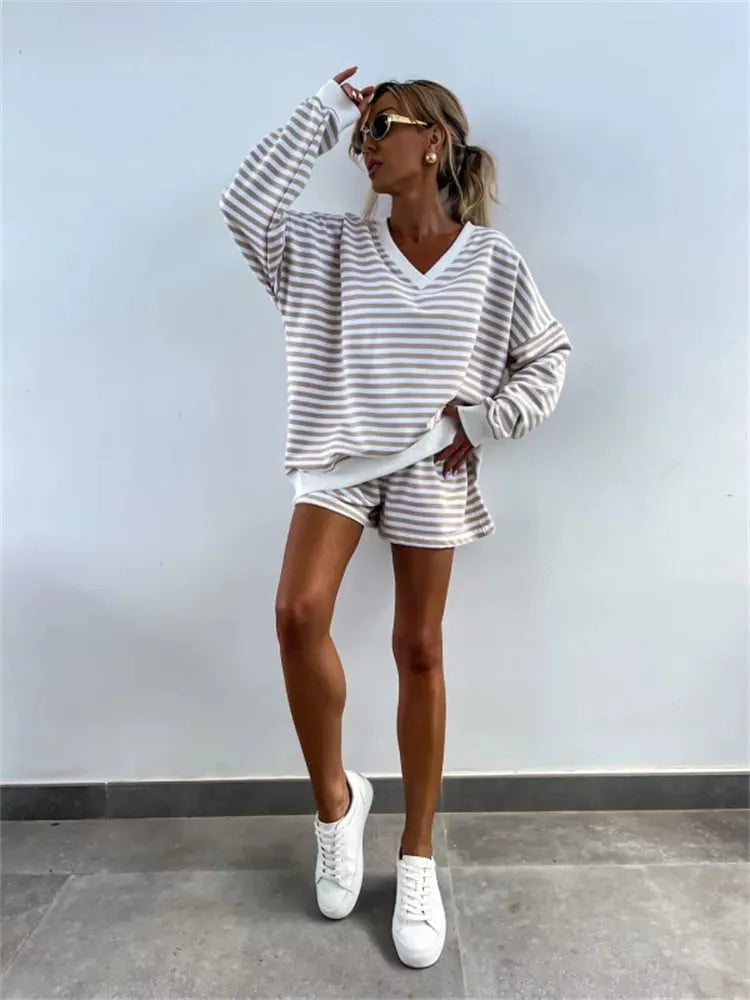 Women's V-neck Long-sleeved Casual Two-piece Suit