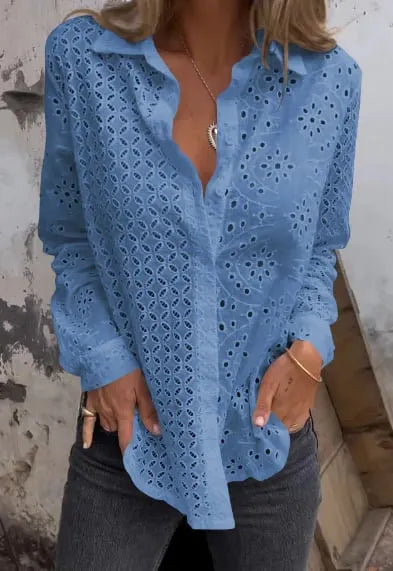 Women Hollow Out Button Tops Dressy Lace Eyelet