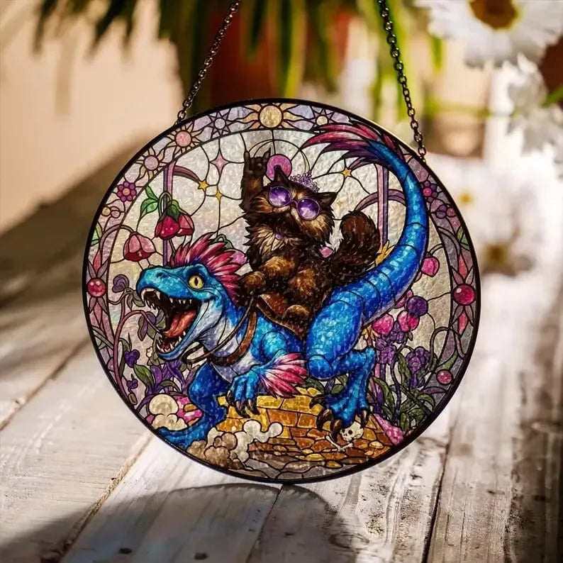 🦖Stained Glass Dungeon Cat & Velociraptor Suncatcher✨ – Fantasy Window Hanging, Geeky Cat Lover Home Decor, LitRPG Book Reader Gift For Crawlers
