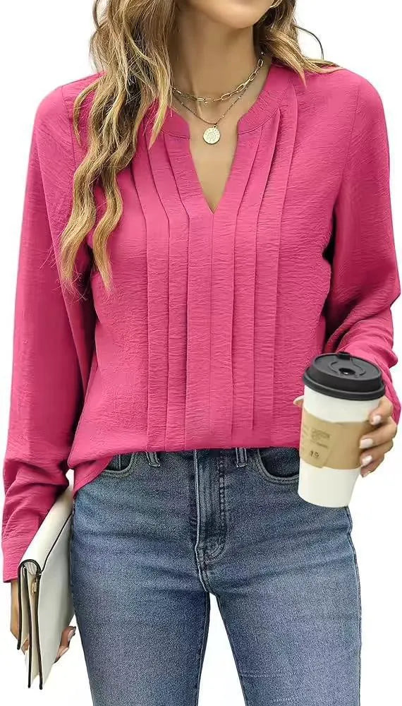 Women's V-Neck Pleated Long Sleeve Top
