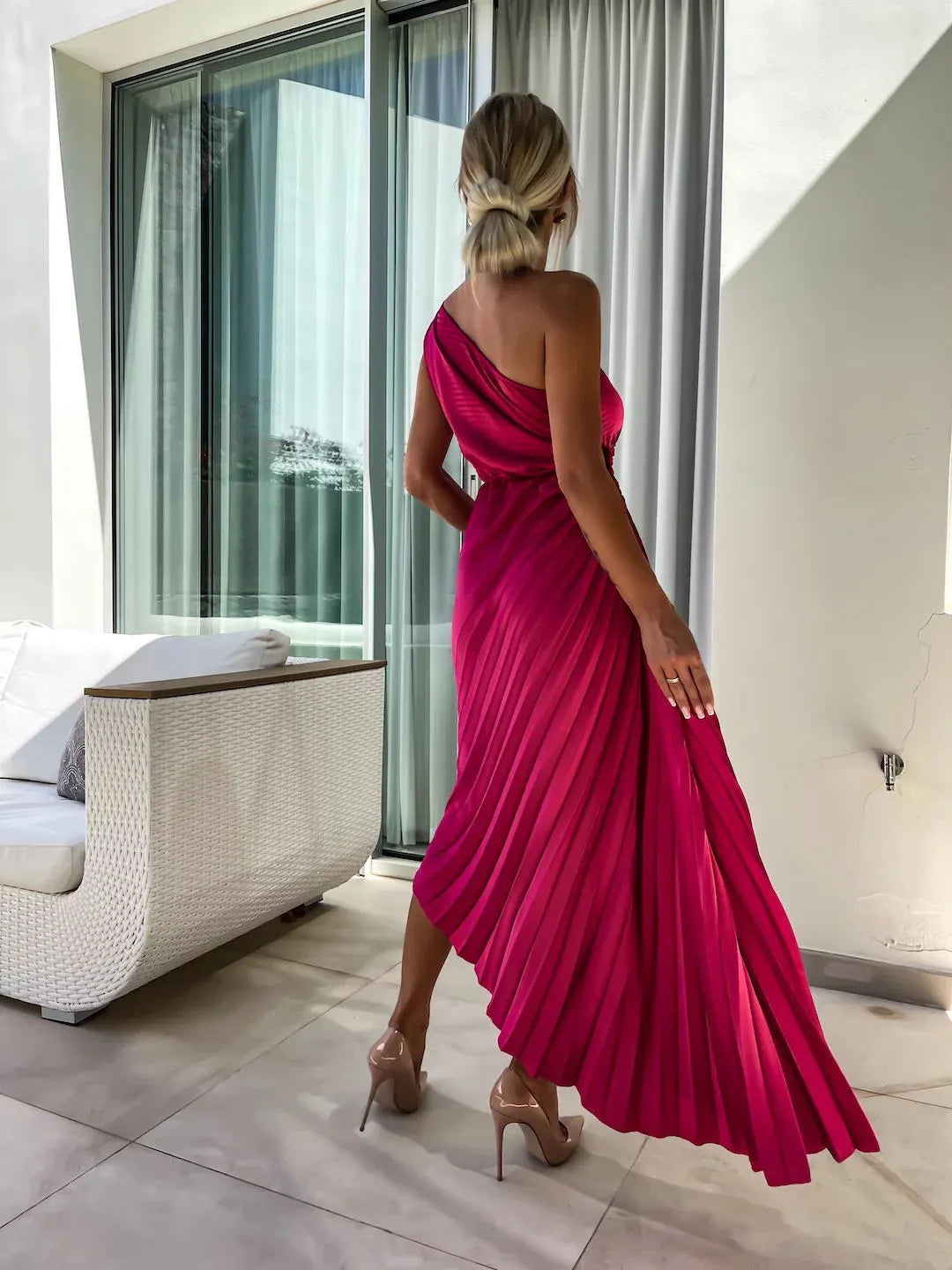 Romantic Nights Satin Raised Flower Elastic Cutout One Shoulder Pleated Maxi Dress