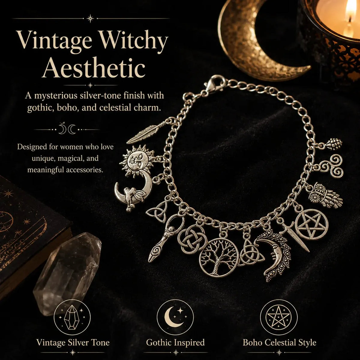 🔥Last Day 49% OFF - 🧙🖤Vintage Witchy Charm Bracelet