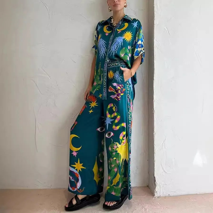 Beachy Chic Unique Print Button Down Oversized Two-Piece Set