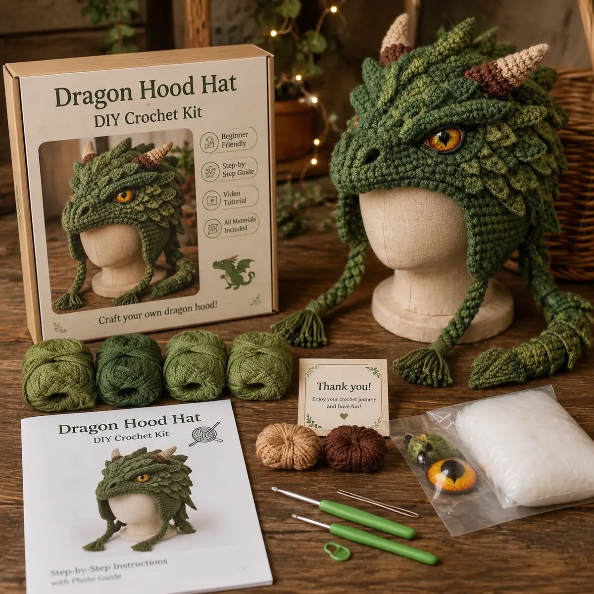 🔥HOT SALE🔥🐉✨ Fantasy Hood Hat DIY Crochet Kit | Premium Soft Yarn Materials with Step-by-Step Guide DIY Handmade Wearable Character Hood 🧶🎭✨