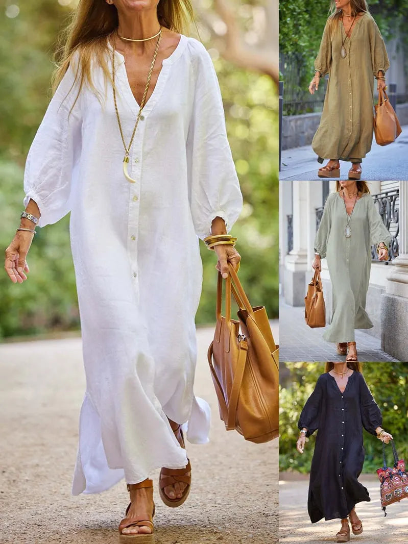 🌸Women’s Minimalist Cotton Linen V-neck Long Dress (Buy 2 Free Shipping)