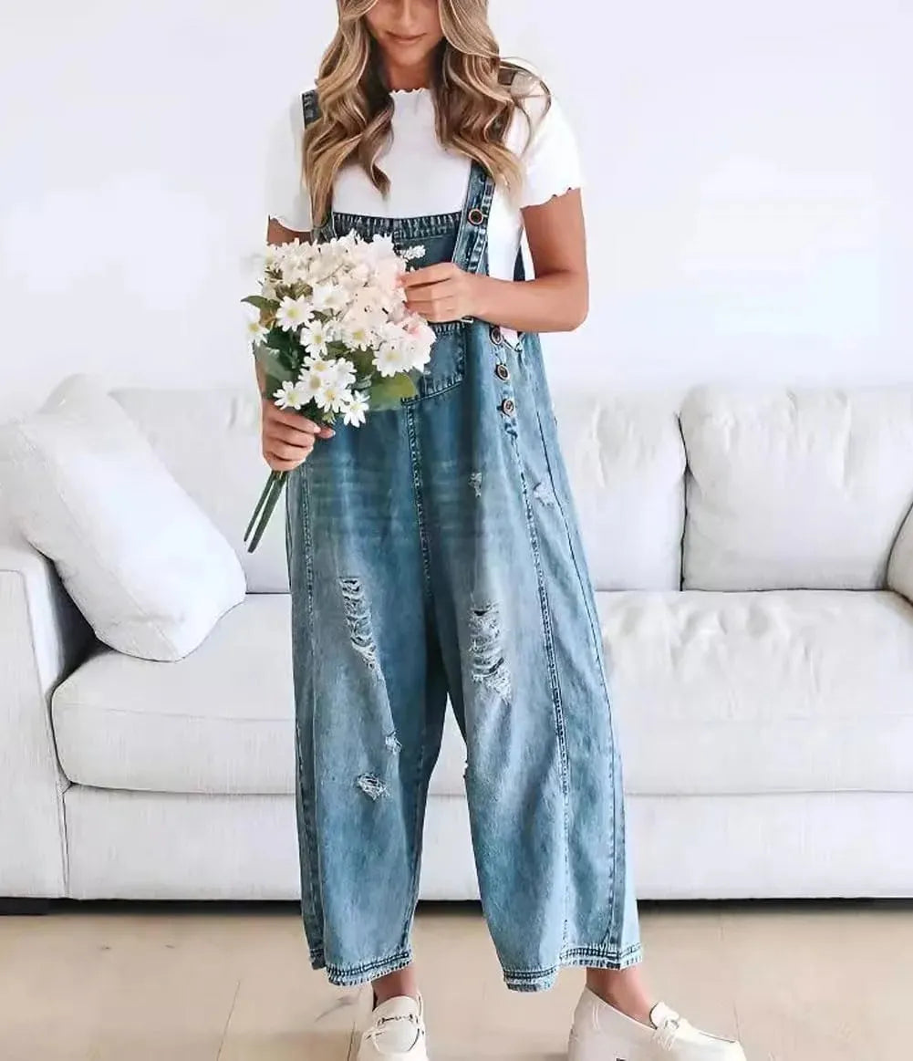 💖LAST DAY SALE 49% OFF💖Women's Cute Casual Button Jumpsuit Ripped Denim Overalls