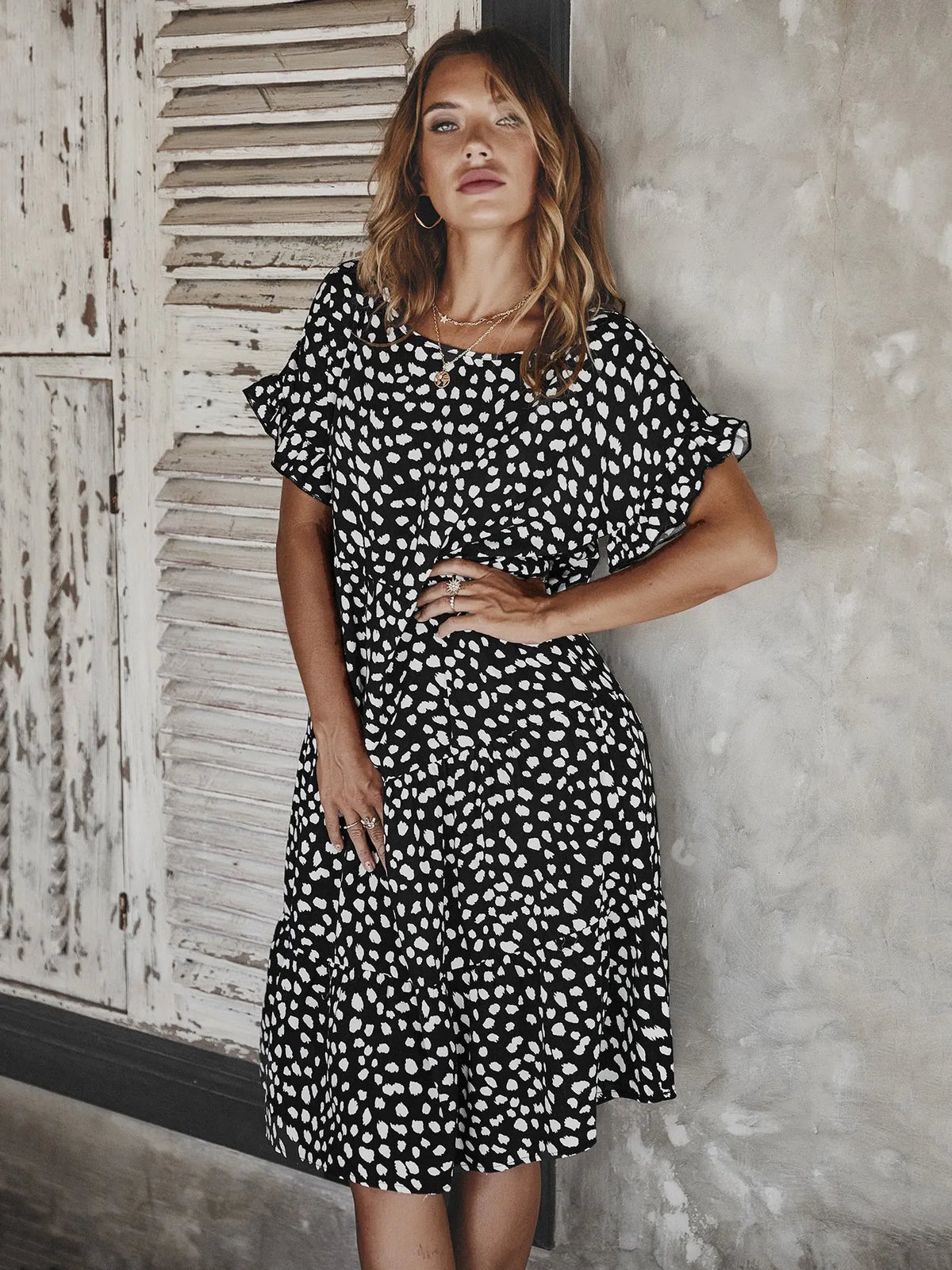 Round neck polka dot print midi dress