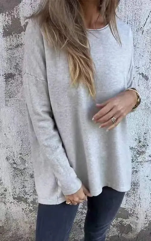 Women's Solid Round Neck Long Sleeve Tops