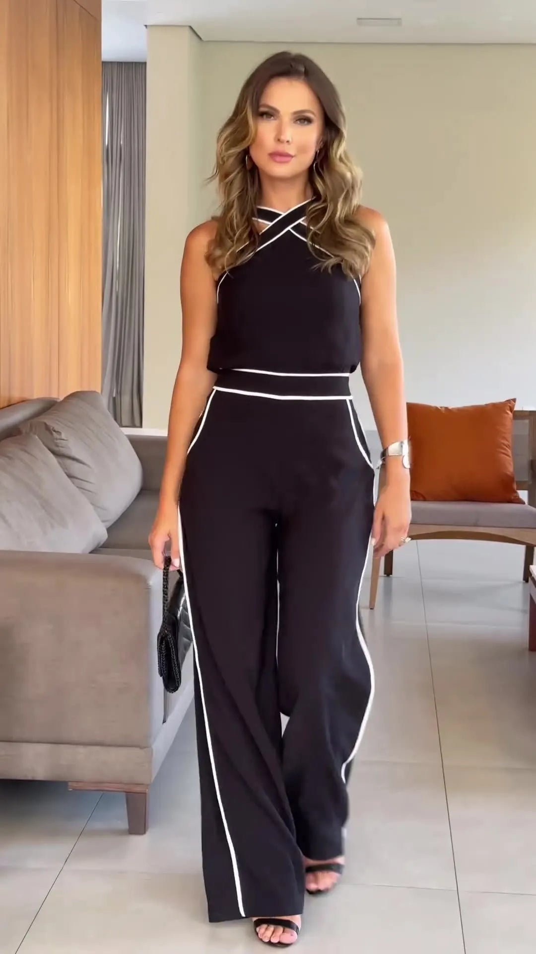 Crossover Slim Fit Halterneck High Waisted Pocket Jumpsuit Set