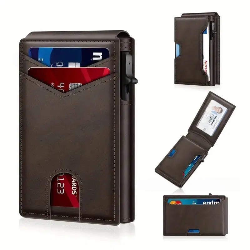 🎉With Pop Up Aluminum Case  Slim Leather Slots Credit Card Holder RFID Blocking Bifold Minimalist Wallet