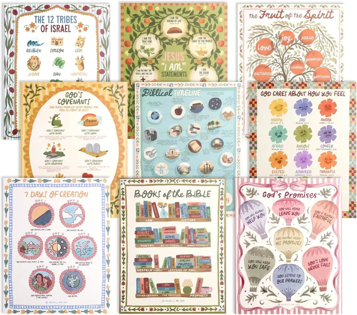 ⛪Sunday School Decorations for Classroom, 11x14in Books of the Bible Poster, 15-Piece Bible Posters for Kids✝💕