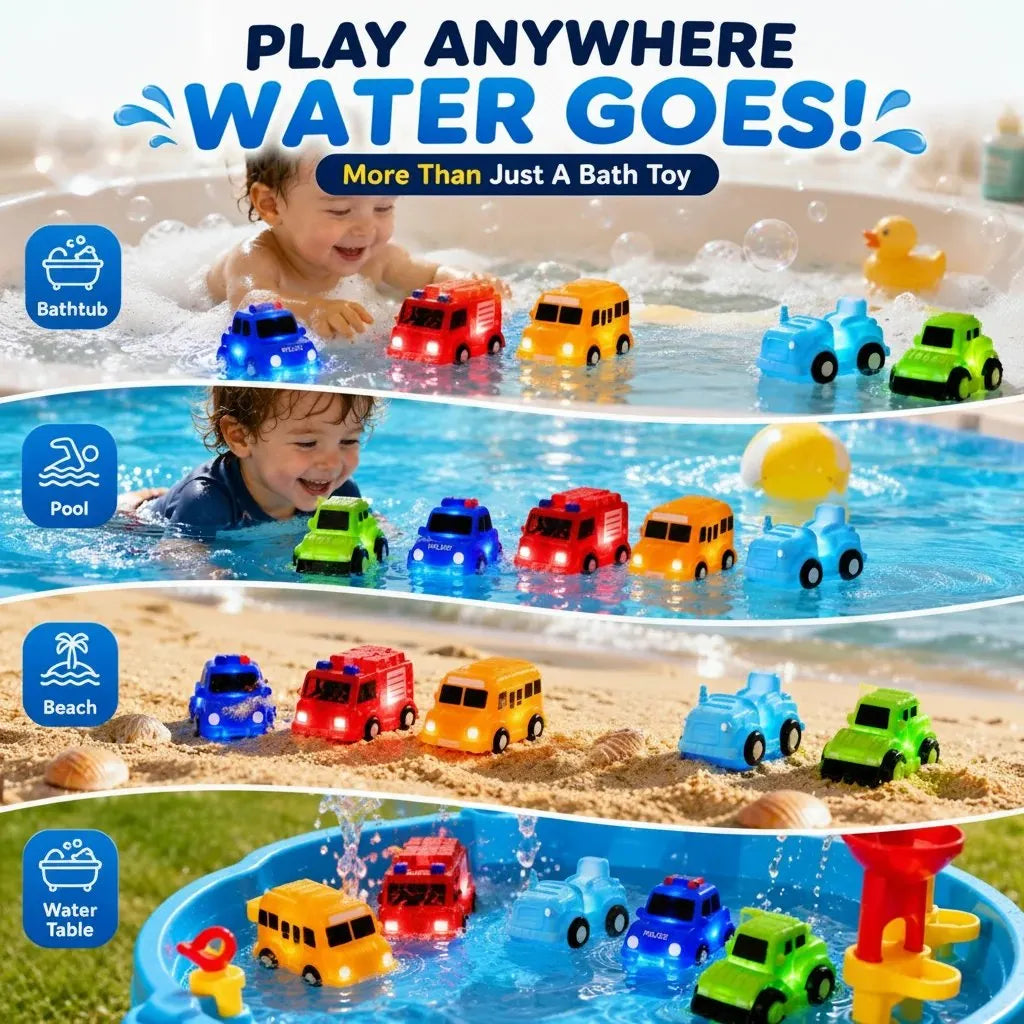 🎉🚗 6PCS Water-Activated Light-Up Bath Toy Cars – Traffic & Construction Vehicles for Kids