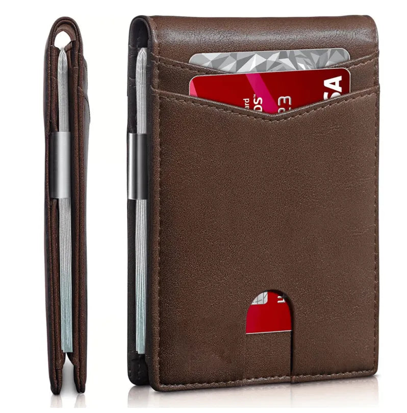 🎉With Pop Up Aluminum Case  Slim Leather Slots Credit Card Holder RFID Blocking Bifold Minimalist Wallet