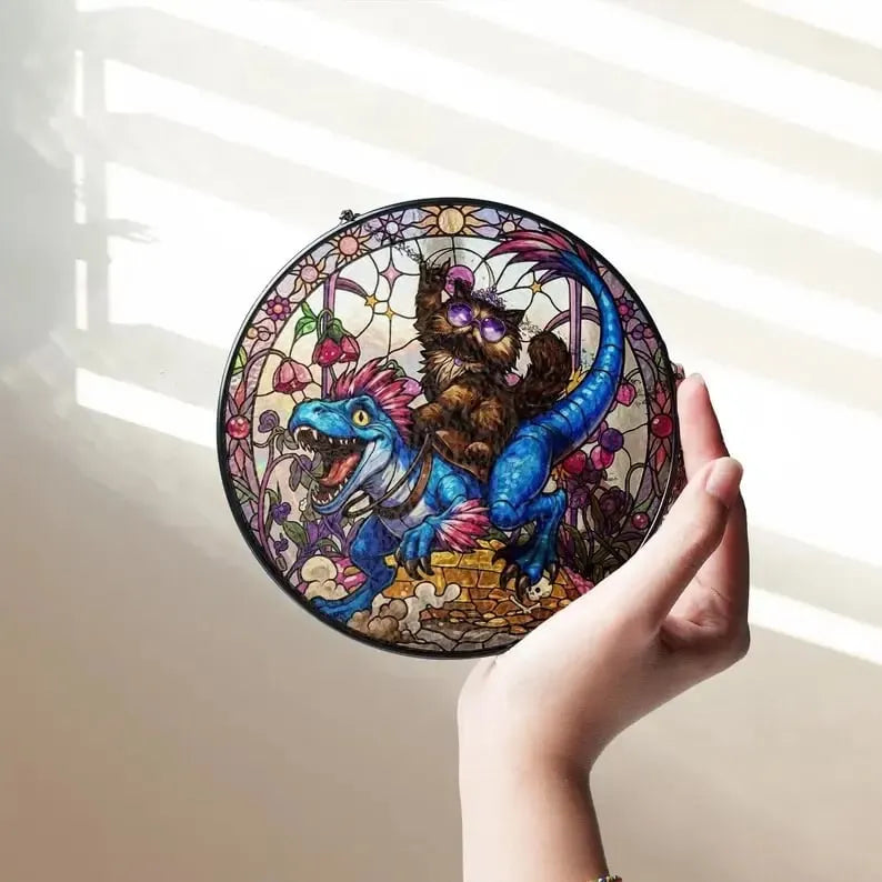 🦖Stained Glass Dungeon Cat & Velociraptor Suncatcher✨ – Fantasy Window Hanging, Geeky Cat Lover Home Decor, LitRPG Book Reader Gift For Crawlers