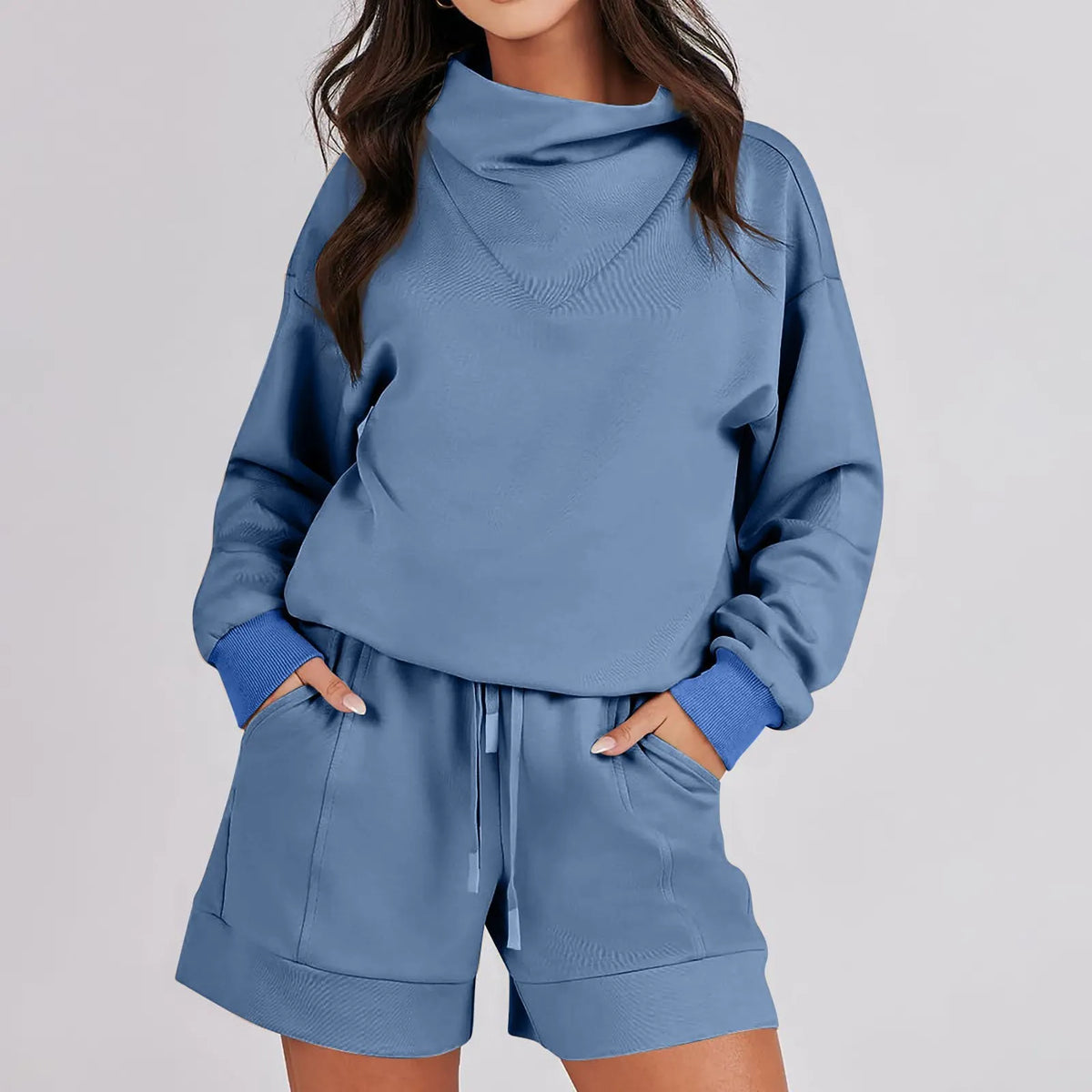 Cowl Neck Sweatshirts & Shorts LoungeWear 2-Piece Set