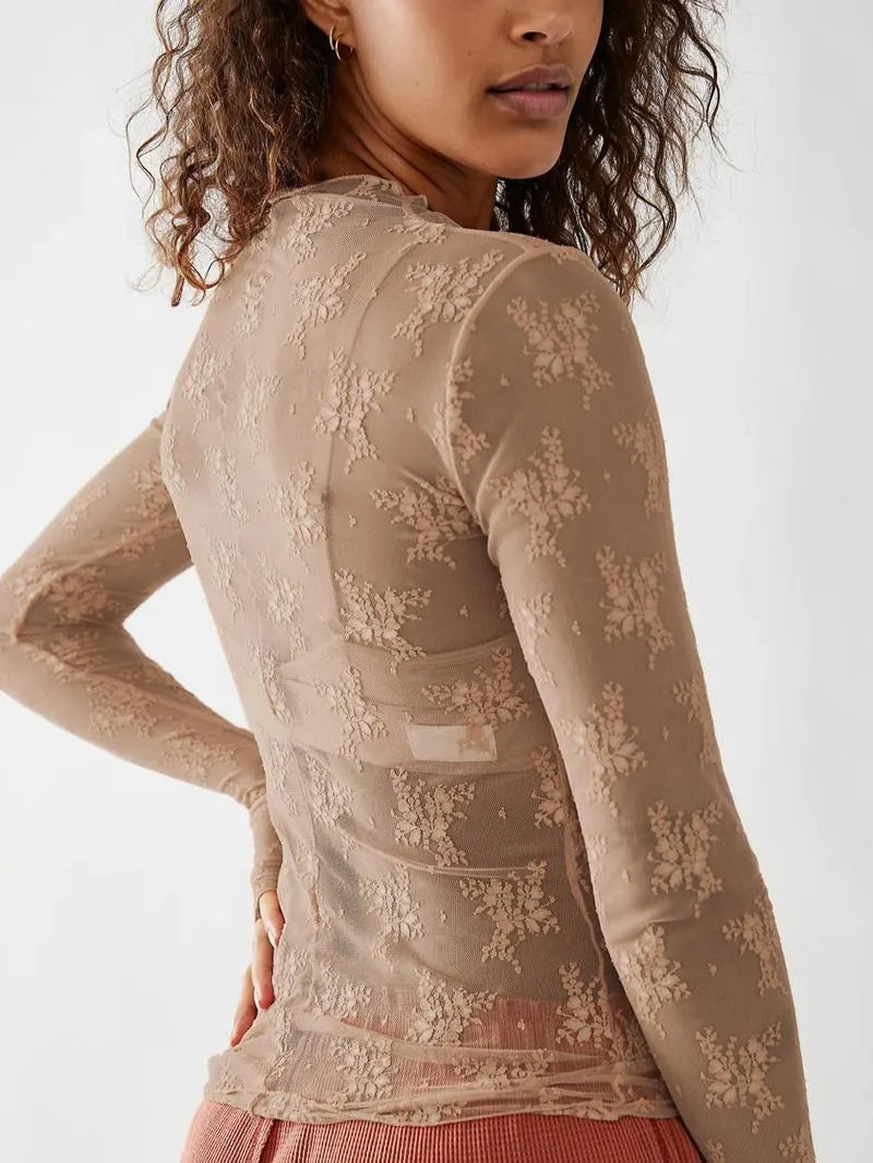 Women's Floral Lace Thumb Hole Sheer Tee