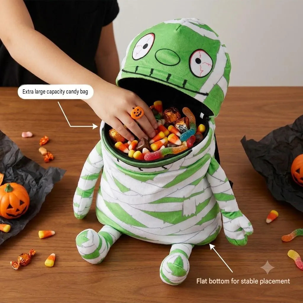 🎉🧟 Interactive Singing Mummy Plush Kids Backpack | Halloween Trick-or-Treat Candy Bag