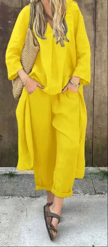 Women’s Summer Loose 2-Piece Set with V-Neck and Pockets