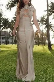 Genis Hollow Elastic Bust High Neck Sleeveless Gathered Maxi Dress