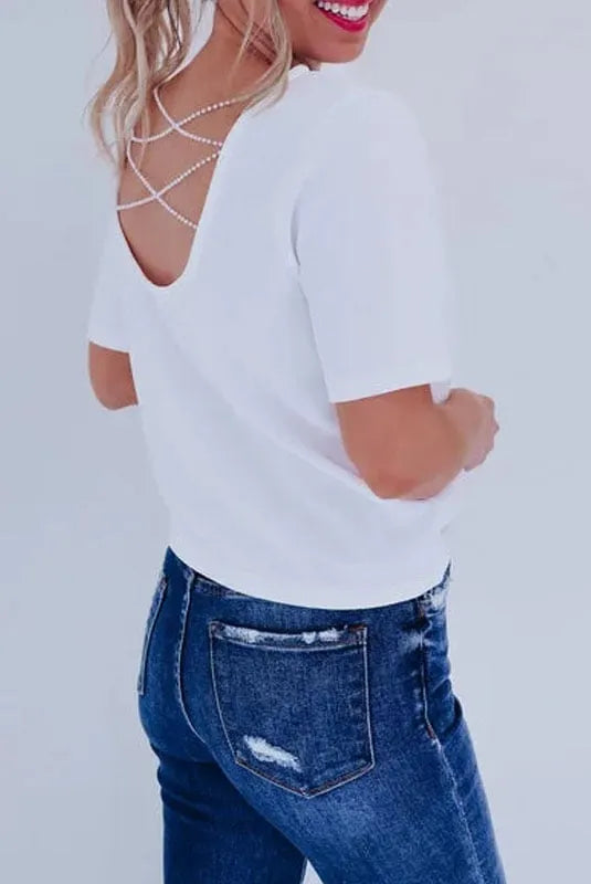 Pearl Beaded Backless Two-Way Short-Sleeved Top (Buy 2 Free Shipping)