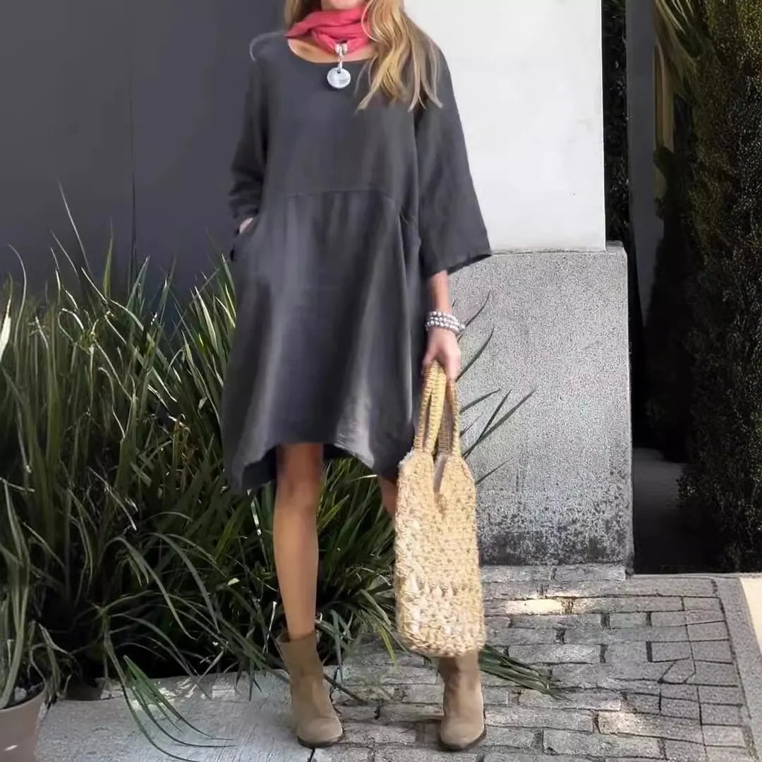 Solid Color Loose Casual Pocket Cotton-Linen Dress (Buy 2 Free Shipping)