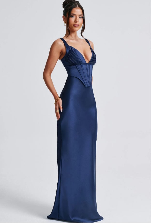 V-Neck Fishbone Satin Slip MAXI Dress
